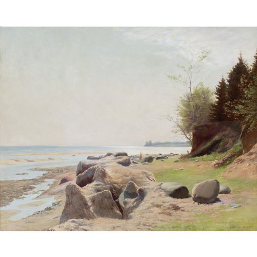 GUSTAV VERMEHREN COASTAL VIEW WITH BEACH ANTIQUE OIL PAINTING - ADDITIONAL PHOTO 1