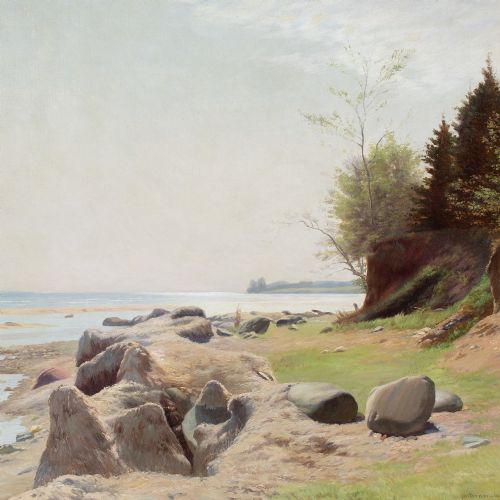 GUSTAV VERMEHREN COASTAL VIEW WITH BEACH ANTIQUE OIL PAINTING - ADDITIONAL PHOTO 5