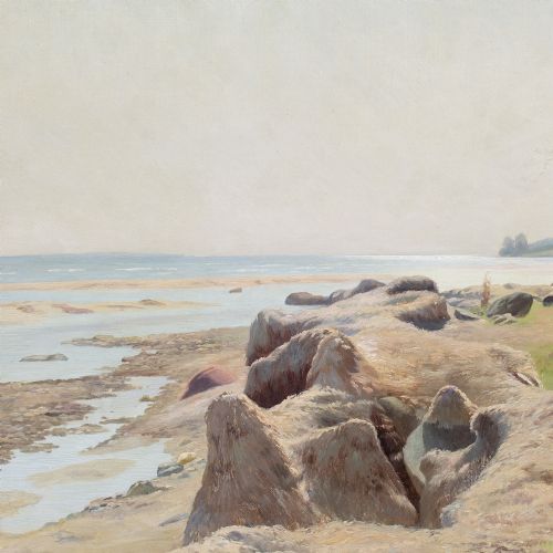 GUSTAV VERMEHREN COASTAL VIEW WITH BEACH ANTIQUE OIL PAINTING - ADDITIONAL PHOTO 6