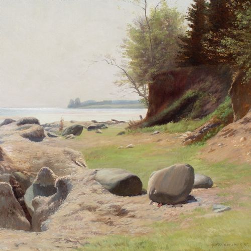 GUSTAV VERMEHREN COASTAL VIEW WITH BEACH ANTIQUE OIL PAINTING - ADDITIONAL PHOTO 7