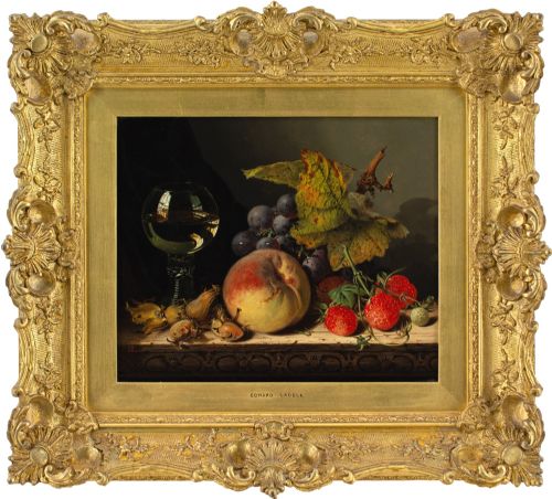 edward ladell cobnuts a roemer raspberries a peach black grapes a leaf on a carved wooden ledge antique oil painting - CATEGORY: ANTIQUE ART - DATED 1870