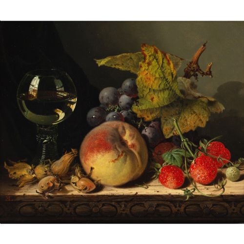 EDWARD LADELL COBNUTS A ROEMER RASPBERRIES A PEACH BLACK GRAPES A LEAF ON A CARVED WOODEN LEDGE ANTIQUE OIL PAINTING - ADDITIONAL PHOTO 1
