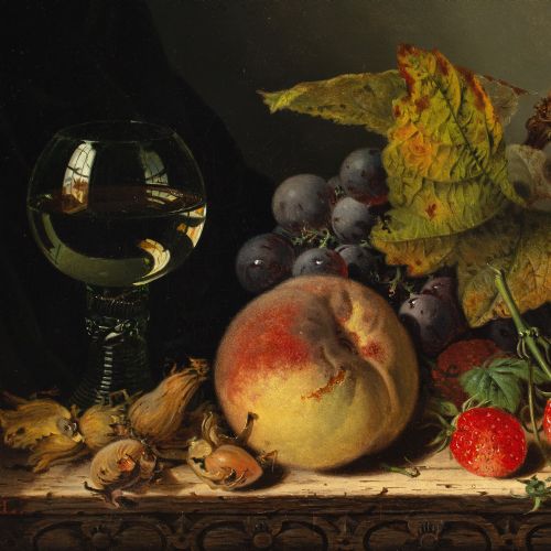 EDWARD LADELL COBNUTS A ROEMER RASPBERRIES A PEACH BLACK GRAPES A LEAF ON A CARVED WOODEN LEDGE ANTIQUE OIL PAINTING - ADDITIONAL PHOTO 5