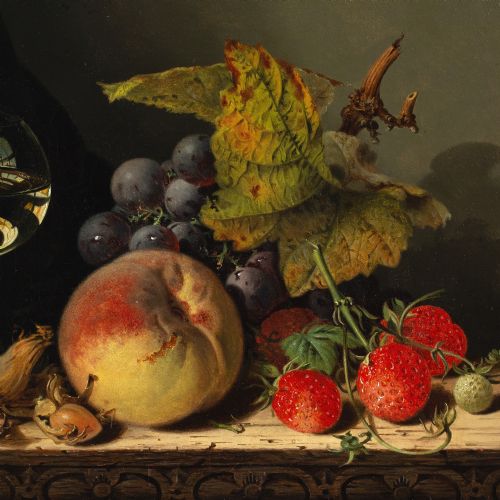 EDWARD LADELL COBNUTS A ROEMER RASPBERRIES A PEACH BLACK GRAPES A LEAF ON A CARVED WOODEN LEDGE ANTIQUE OIL PAINTING - ADDITIONAL PHOTO 6
