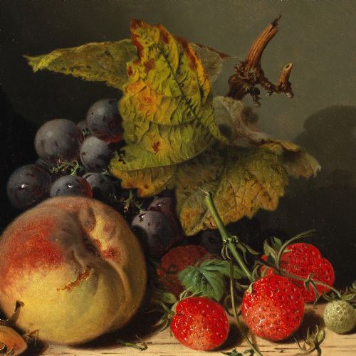 EDWARD LADELL COBNUTS A ROEMER RASPBERRIES A PEACH BLACK GRAPES A LEAF ON A CARVED WOODEN LEDGE ANTIQUE OIL PAINTING - ADDITIONAL PHOTO 7