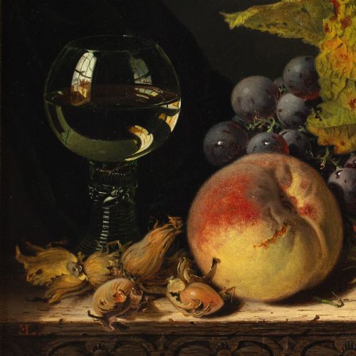 EDWARD LADELL COBNUTS A ROEMER RASPBERRIES A PEACH BLACK GRAPES A LEAF ON A CARVED WOODEN LEDGE ANTIQUE OIL PAINTING - ADDITIONAL PHOTO 8