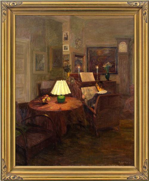 robert panitzsch candlelit interior with woman reading oil painting - CATEGORY: ANTIQUE ART - DATED 1930