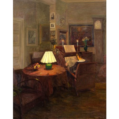 ROBERT PANITZSCH CANDLELIT INTERIOR WITH WOMAN READING OIL PAINTING - ADDITIONAL PHOTO 1