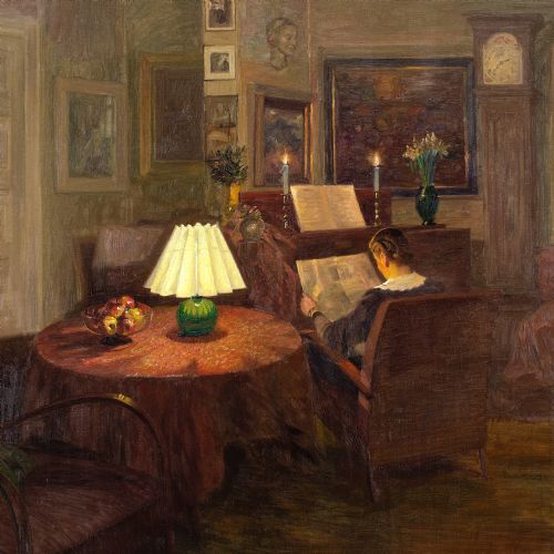 ROBERT PANITZSCH CANDLELIT INTERIOR WITH WOMAN READING OIL PAINTING - ADDITIONAL PHOTO 4