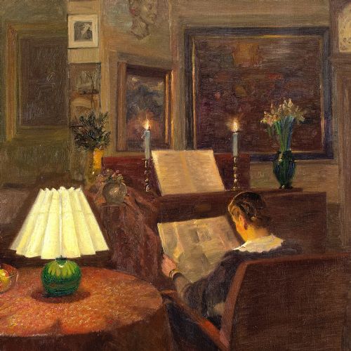 ROBERT PANITZSCH CANDLELIT INTERIOR WITH WOMAN READING OIL PAINTING - ADDITIONAL PHOTO 5
