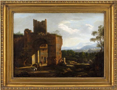 willem van bemmel attributed italianate capriccio with ruins travellers antique oil painting - CATEGORY: ANTIQUE ART - DATED 17TH CENTURY