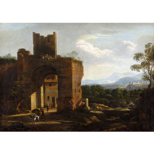 WILLEM VAN BEMMEL ATTRIBUTED ITALIANATE CAPRICCIO WITH RUINS TRAVELLERS ANTIQUE OIL PAINTING - ADDITIONAL PHOTO 1