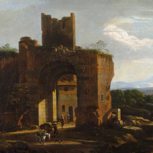 WILLEM VAN BEMMEL ATTRIBUTED ITALIANATE CAPRICCIO WITH RUINS TRAVELLERS ANTIQUE OIL PAINTING - ADDITIONAL PHOTO 4