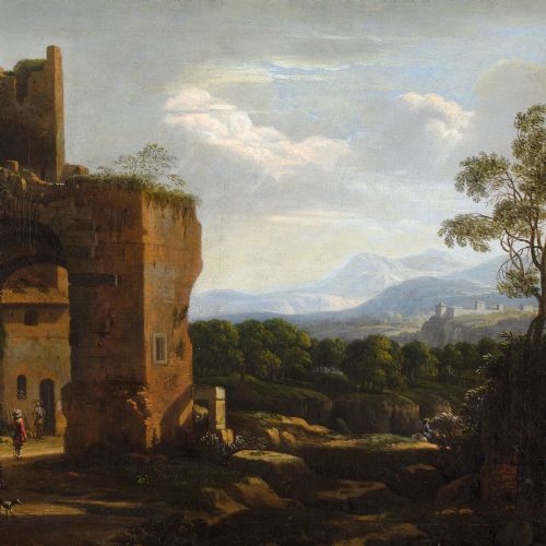 WILLEM VAN BEMMEL ATTRIBUTED ITALIANATE CAPRICCIO WITH RUINS TRAVELLERS ANTIQUE OIL PAINTING - ADDITIONAL PHOTO 5