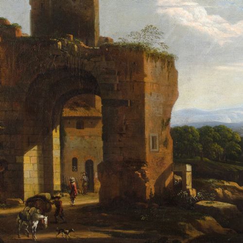 WILLEM VAN BEMMEL ATTRIBUTED ITALIANATE CAPRICCIO WITH RUINS TRAVELLERS ANTIQUE OIL PAINTING - ADDITIONAL PHOTO 6