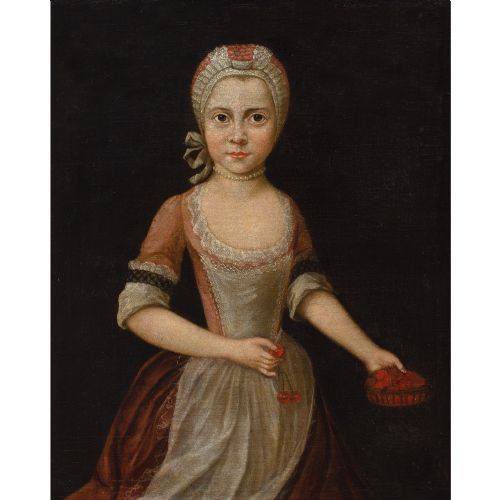MID18THCENTURY GERMAN SCHOOL PORTRAIT OF A GIRL WITH A CHERRY BASKET ANTIQUE OIL PAINTING - ADDITIONAL PHOTO 1