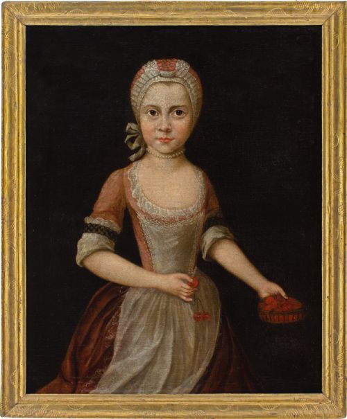 mid18thcentury german school portrait of a girl with a cherry basket antique oil painting - CATEGORY: ANTIQUE ART - DATED 18TH CENTURY