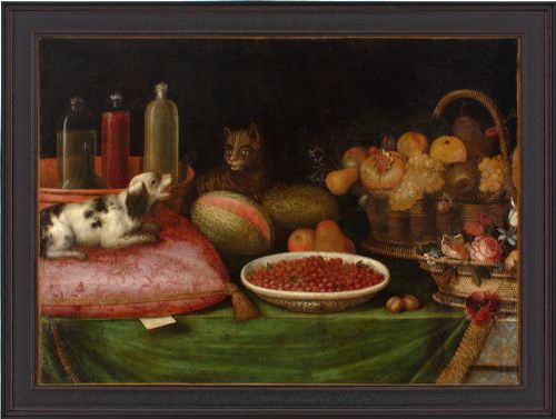 17thcentury provincial flemish still life with fruit cat dog flowers antique oil painting - CATEGORY: ANTIQUE ART - DATED 17TH CENTURY
