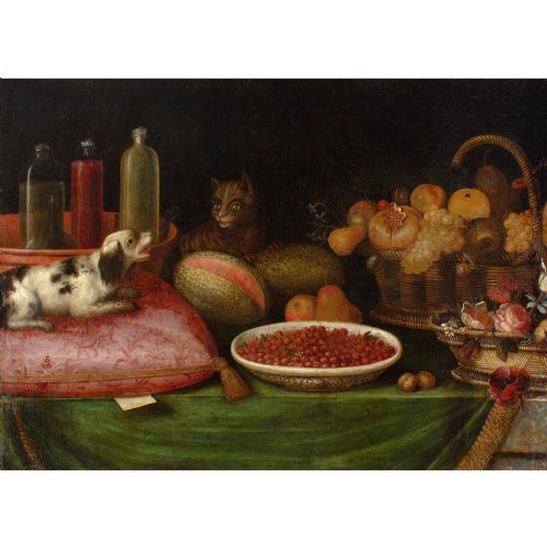 17THCENTURY PROVINCIAL FLEMISH STILL LIFE WITH FRUIT CAT DOG FLOWERS ANTIQUE OIL PAINTING - ADDITIONAL PHOTO 2