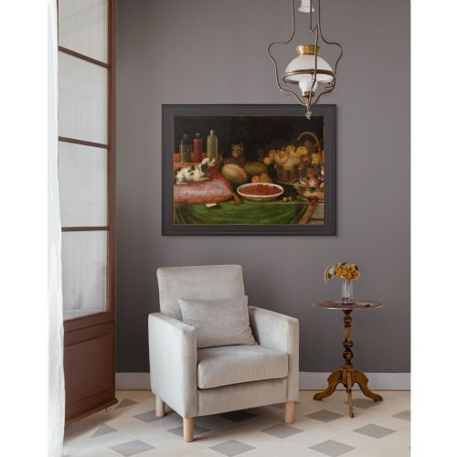 17THCENTURY PROVINCIAL FLEMISH STILL LIFE WITH FRUIT CAT DOG FLOWERS ANTIQUE OIL PAINTING - ADDITIONAL PHOTO 3