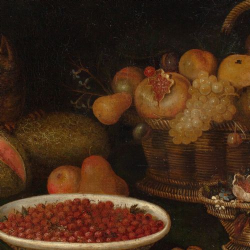 17THCENTURY PROVINCIAL FLEMISH STILL LIFE WITH FRUIT CAT DOG FLOWERS ANTIQUE OIL PAINTING - ADDITIONAL PHOTO 4