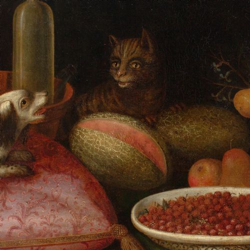17THCENTURY PROVINCIAL FLEMISH STILL LIFE WITH FRUIT CAT DOG FLOWERS ANTIQUE OIL PAINTING - ADDITIONAL PHOTO 5