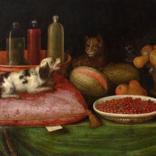 17THCENTURY PROVINCIAL FLEMISH STILL LIFE WITH FRUIT CAT DOG FLOWERS ANTIQUE OIL PAINTING - ADDITIONAL PHOTO 6