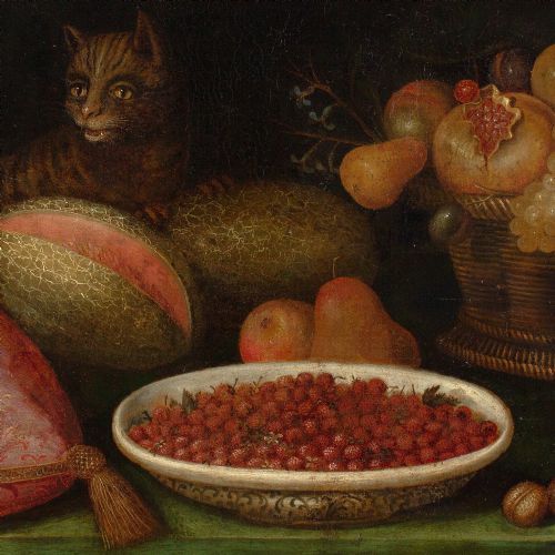17THCENTURY PROVINCIAL FLEMISH STILL LIFE WITH FRUIT CAT DOG FLOWERS ANTIQUE OIL PAINTING - ADDITIONAL PHOTO 7