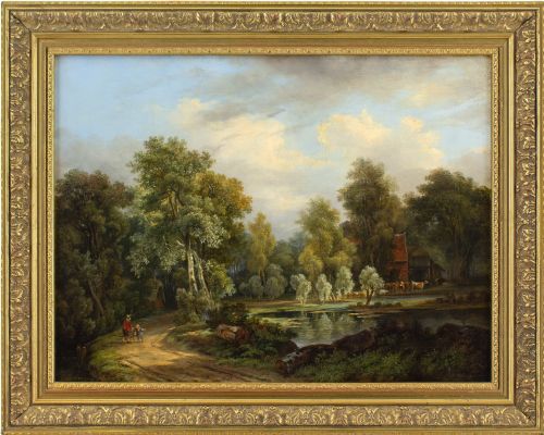 alexander hieronymus bakhuyzen landscape with cottage figures cattle antique oil painting - CATEGORY: ANTIQUE ART - DATED 1870
