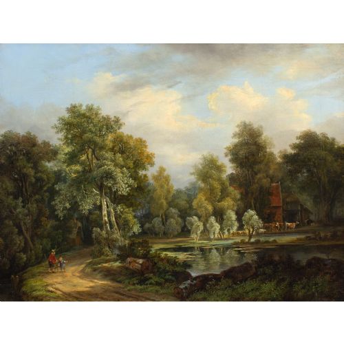 ALEXANDER HIERONYMUS BAKHUYZEN LANDSCAPE WITH COTTAGE FIGURES CATTLE ANTIQUE OIL PAINTING - ADDITIONAL PHOTO 1