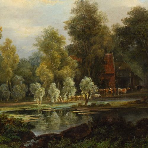 ALEXANDER HIERONYMUS BAKHUYZEN LANDSCAPE WITH COTTAGE FIGURES CATTLE ANTIQUE OIL PAINTING - ADDITIONAL PHOTO 5