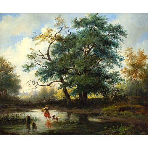 ALEXANDER HIERONYMUS BAKHUYZEN LANDSCAPE WITH COTTAGE FIGURES CATTLE ANTIQUE OIL PAINTING - ADDITIONAL PHOTO 1