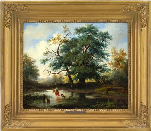 alexander hieronymus bakhuyzen landscape with cottage figures cattle antique oil painting - CATEGORY: ANTIQUE ART - DATED 1870
