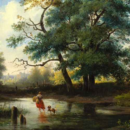 ALEXANDER HIERONYMUS BAKHUYZEN LANDSCAPE WITH COTTAGE FIGURES CATTLE ANTIQUE OIL PAINTING - ADDITIONAL PHOTO 5