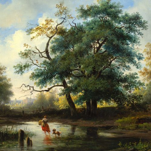 ALEXANDER HIERONYMUS BAKHUYZEN LANDSCAPE WITH COTTAGE FIGURES CATTLE ANTIQUE OIL PAINTING - ADDITIONAL PHOTO 7