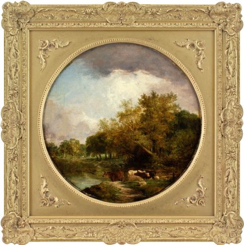 robert burrows circle river landscape with cattle antique oil painting - CATEGORY: ANTIQUE ART - DATED 19TH CENTURY