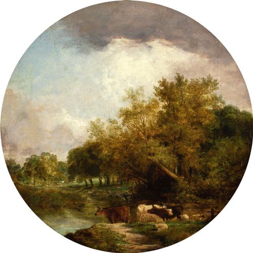 ROBERT BURROWS CIRCLE RIVER LANDSCAPE WITH CATTLE ANTIQUE OIL PAINTING - ADDITIONAL PHOTO 1