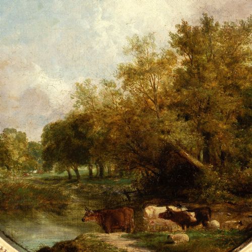 ROBERT BURROWS CIRCLE RIVER LANDSCAPE WITH CATTLE ANTIQUE OIL PAINTING - ADDITIONAL PHOTO 4