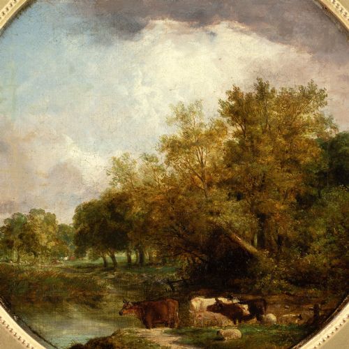 ROBERT BURROWS CIRCLE RIVER LANDSCAPE WITH CATTLE ANTIQUE OIL PAINTING - ADDITIONAL PHOTO 6