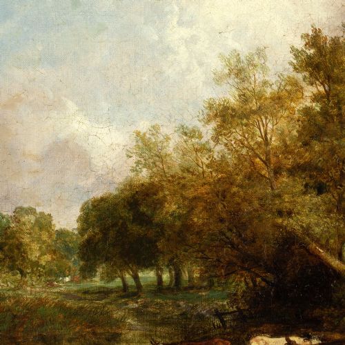 ROBERT BURROWS CIRCLE RIVER LANDSCAPE WITH CATTLE ANTIQUE OIL PAINTING - ADDITIONAL PHOTO 7