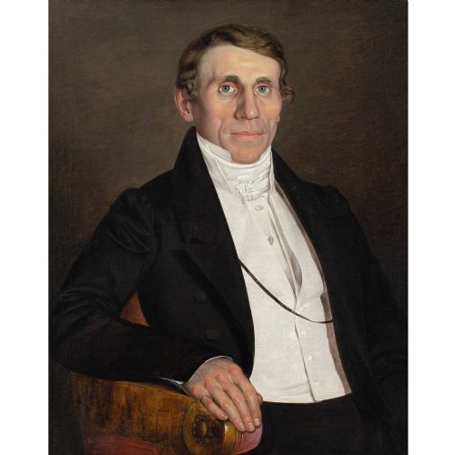 MID19THCENTURY AUSTRIAN SCHOOL PORTRAIT OF A GENTLEMAN IN AN ARMCHAIR ANTIQUE OIL PAINTING - ADDITIONAL PHOTO 1