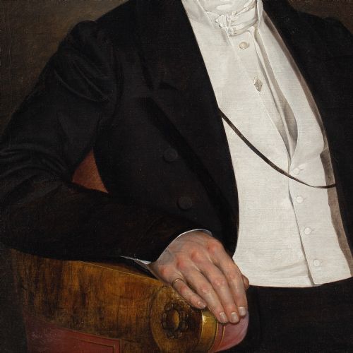 MID19THCENTURY AUSTRIAN SCHOOL PORTRAIT OF A GENTLEMAN IN AN ARMCHAIR ANTIQUE OIL PAINTING - ADDITIONAL PHOTO 4