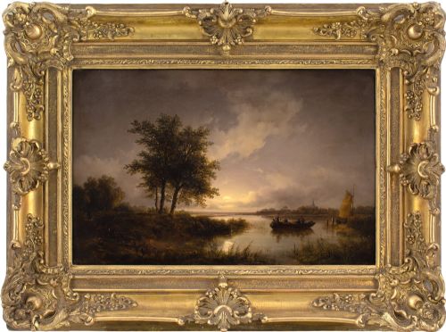 remigius van haanen circle twilight landscape with river crossing antique oil painting - CATEGORY: ANTIQUE ART - DATED 1850