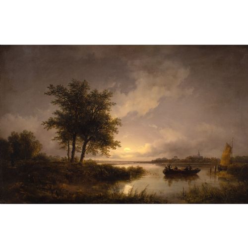 REMIGIUS VAN HAANEN CIRCLE TWILIGHT LANDSCAPE WITH RIVER CROSSING ANTIQUE OIL PAINTING - ADDITIONAL PHOTO 1