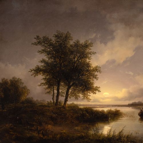 REMIGIUS VAN HAANEN CIRCLE TWILIGHT LANDSCAPE WITH RIVER CROSSING ANTIQUE OIL PAINTING - ADDITIONAL PHOTO 4