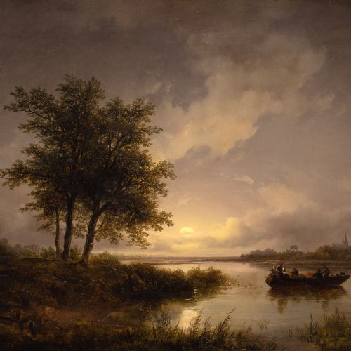 REMIGIUS VAN HAANEN CIRCLE TWILIGHT LANDSCAPE WITH RIVER CROSSING ANTIQUE OIL PAINTING - ADDITIONAL PHOTO 5