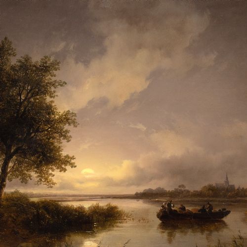 REMIGIUS VAN HAANEN CIRCLE TWILIGHT LANDSCAPE WITH RIVER CROSSING ANTIQUE OIL PAINTING - ADDITIONAL PHOTO 6