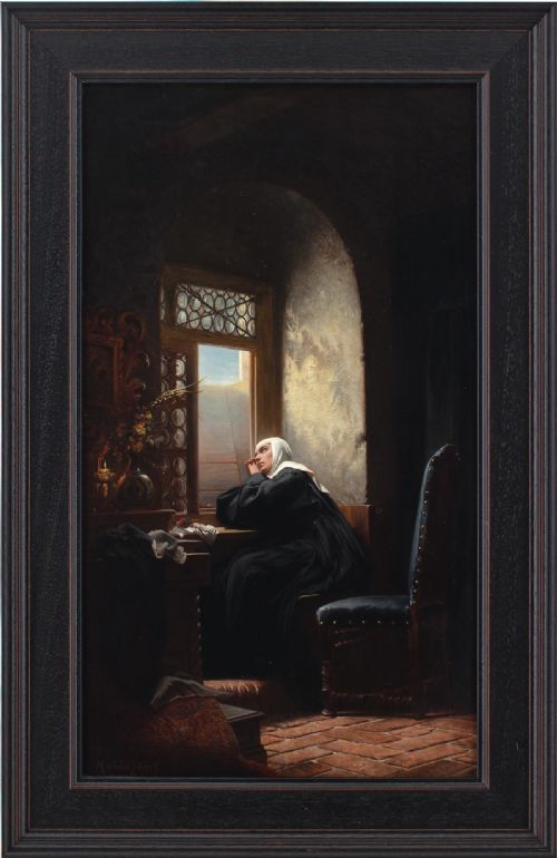 Gustav Adolf Kuntz (After), Greetings from the World / the Nun of Monza - Antique Oil Painting