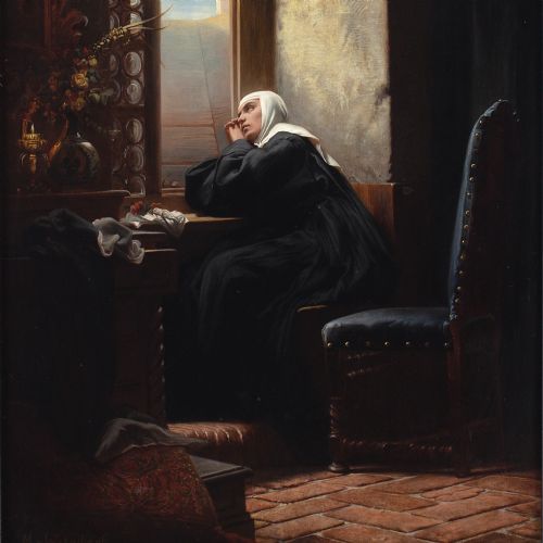 fig 4. Gustav Adolf Kuntz (After), Greetings From The World / The Nun Of Monza - Antique Oil Painting
