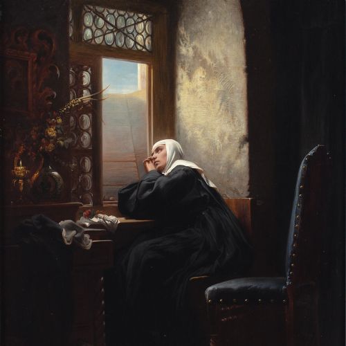 fig 5. Gustav Adolf Kuntz (After), Greetings From The World / The Nun Of Monza - Antique Oil Painting